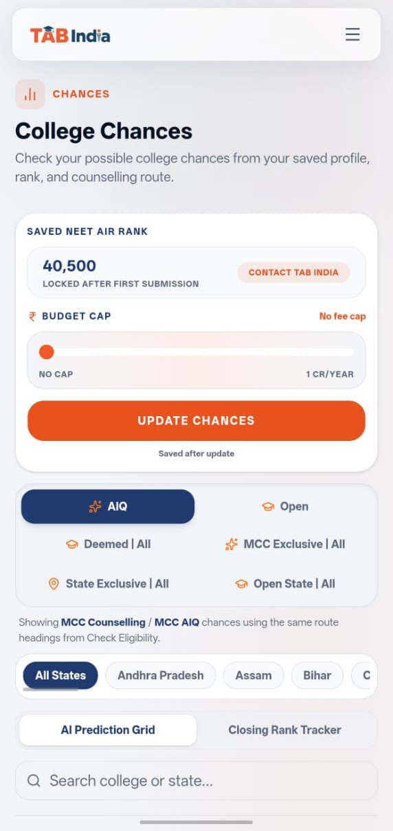 TAB India College Chances on phone